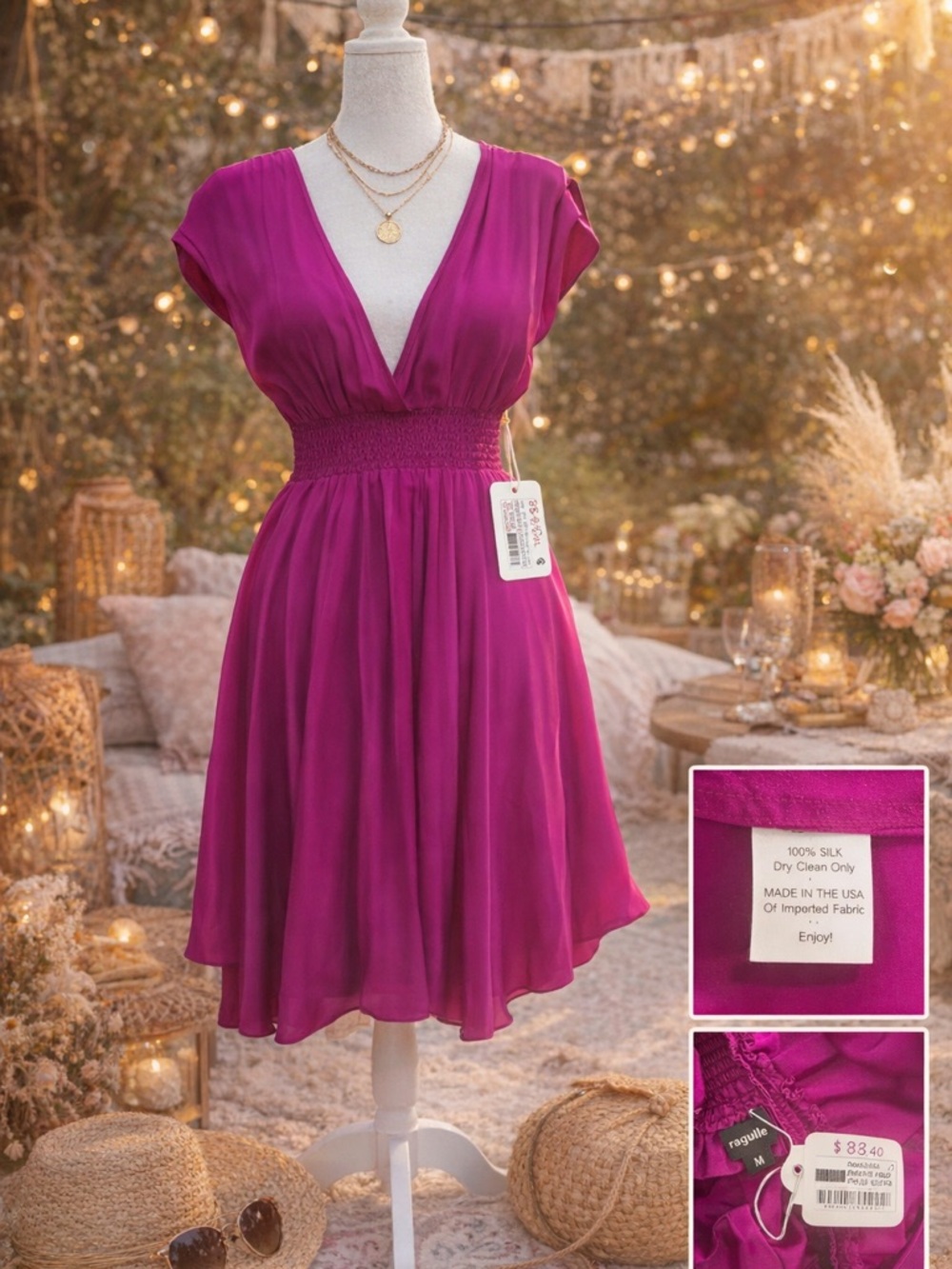 Raquelle 100% Silk Magenta Double V Party Dress USA women’s Size Medium new sexy - Picture 11 of 11